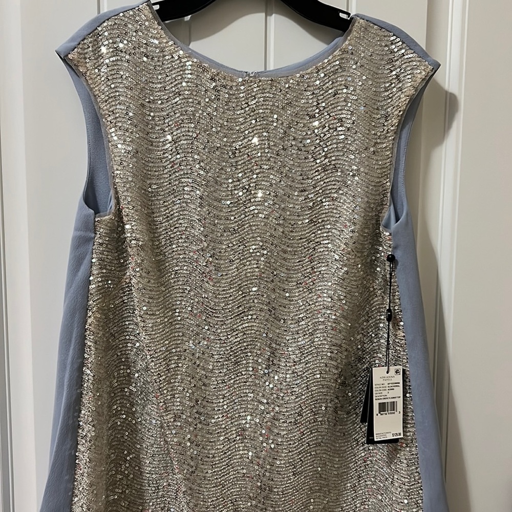 NWT size 2 Adrianna Papell sequin crepe flyaway top - pastel blue